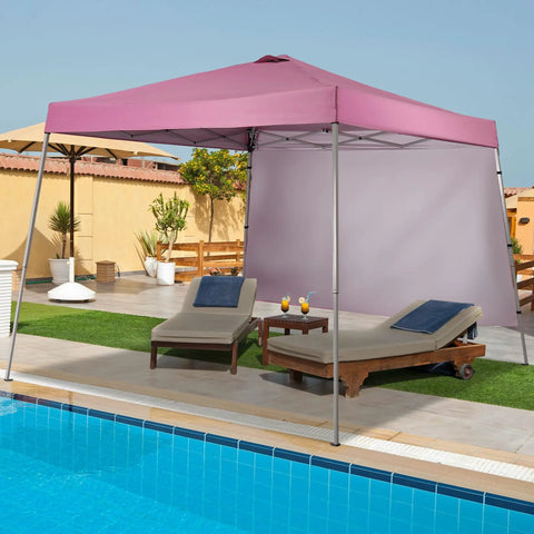 Pink 10x10 Ft Pop Up Canopy Tent With Slant Leg Frame Sidewall And Vented Panels Hangout Ready Portable Gazebo by a pool.