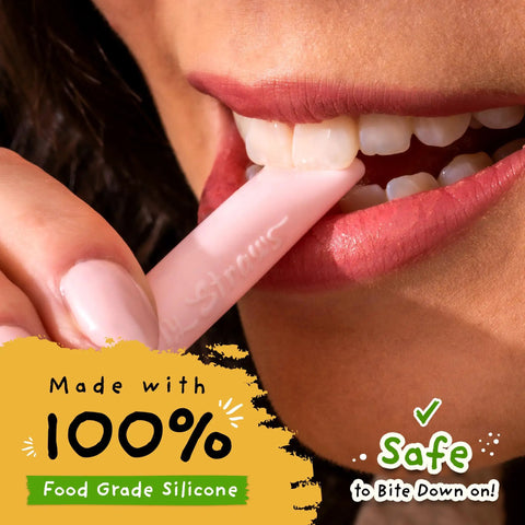 Close-up of woman biting Extra Long 12 Inch Silicone Reusable Straws For Tall Size Tumblers, showing food grade silicone material.