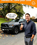 Man giving thumbs up in front of RAM 1500 with text saying 'Just Like OEM', promoting Sun Visor Repair Kit for RAM 1500 2019-2023 Aluminum Clip Replacement.