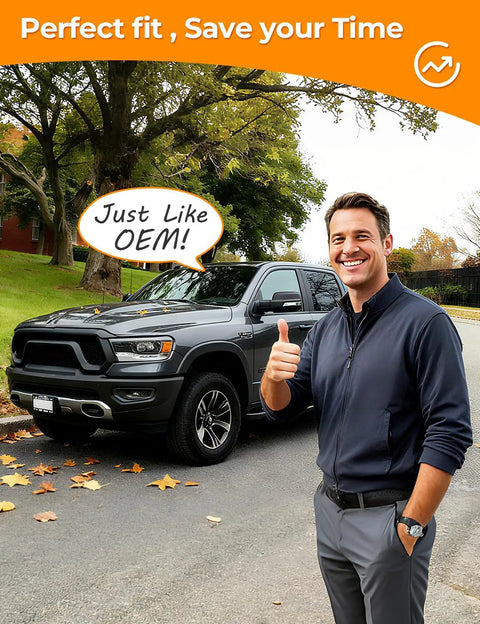 Man giving thumbs up in front of RAM 1500 with text saying 'Just Like OEM', promoting Sun Visor Repair Kit for RAM 1500 2019-2023 Aluminum Clip Replacement.