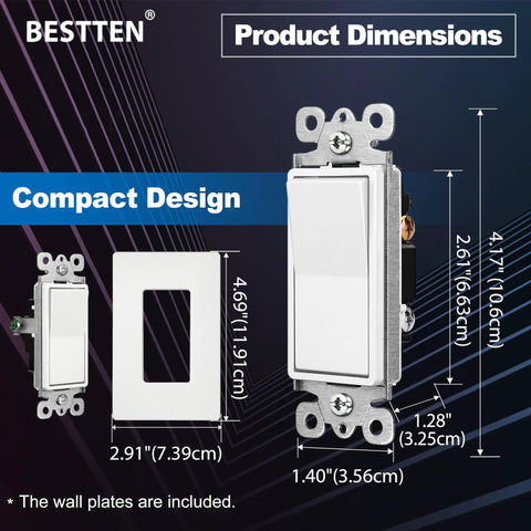 Dimensions of 10 Pack Single Pole Decorator Wall Switch With Screwless Wall Plate Easy Install, 15A 120 To 277V, UL Listed, White
