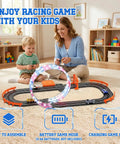 Mother and child enjoying 9.86Ft 2-In-1 Slot Car Track Set With Four Cars Dual Racing Mode Battery Or Electric Power in playroom