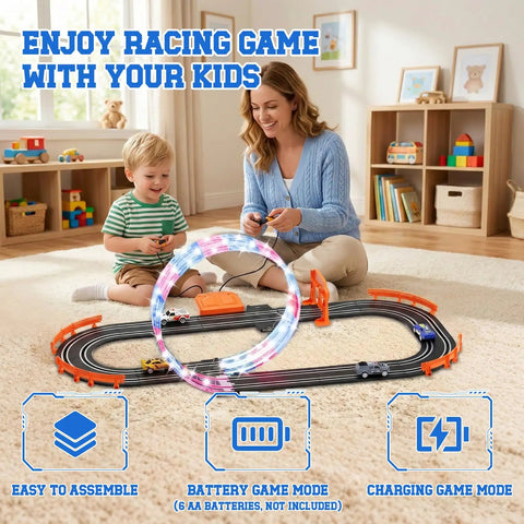 Mother and child enjoying 9.86Ft 2-In-1 Slot Car Track Set With Four Cars Dual Racing Mode Battery Or Electric Power in playroom