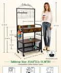 Rolling Coffee Bar Cart On Wheels For Small Spaces With 5-Tier Storage, Syrup Rack And Tea Pod Drawer, Magnetic Doors, Lockable Wheels, Apartment Coffee Nook, Rustic Brown Finish displayed with size measurements next to a person for scale.