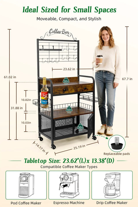 Rolling Coffee Bar Cart On Wheels For Small Spaces With 5-Tier Storage, Syrup Rack And Tea Pod Drawer, Magnetic Doors, Lockable Wheels, Apartment Coffee Nook, Rustic Brown Finish displayed with size measurements next to a person for scale.