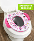 Disney Minnie Mouse Believe In Me Toddler Potty Seat With Super Cozy Cushion and No Fuss Easy Grip Handles Fits Regular And Elongated Toilets on a toilet.
