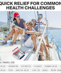 SurviveX Travel Medicine Kit on a sailboat deck with assorted over-the-counter medicine packets.