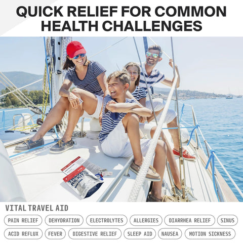 SurviveX Travel Medicine Kit on a sailboat deck with assorted over-the-counter medicine packets.