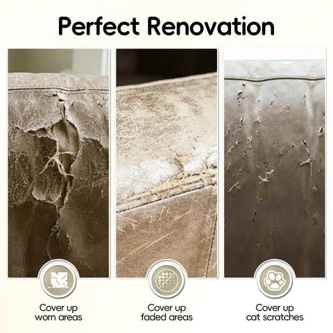 Image showing worn, faded, and scratched upholstery areas that can be covered by Beige Faux Leather Recliner Headrest Protector Non Slip Cover Waterproof And Washable For Recliner Chairs Sofas Office And Theater Seats 17 By 27 Inches.
