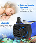 Small Submersible Fountain Pump For Aquariums And Outdoor Fountains, 80 GPH Adjustable Flow, shown with child and water graphics