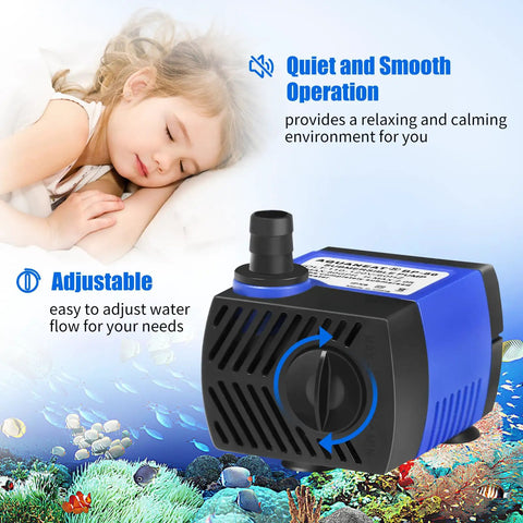 Small Submersible Fountain Pump For Aquariums And Outdoor Fountains, 80 GPH Adjustable Flow, shown with child and water graphics