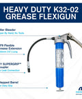 Heavy Duty K32-02 Grease Gun with KY Supergrip Coupler and 12 inch flexible hose, shown with filler bleeder and stepped barrel.