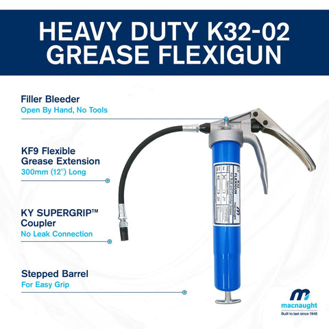 Heavy Duty K32-02 Grease Gun with KY Supergrip Coupler and 12 inch flexible hose, shown with filler bleeder and stepped barrel.