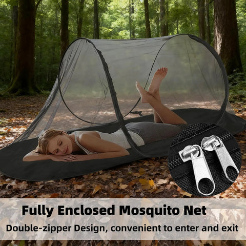 Ultra Dense Mosquito Tent With Foldable Mesh For Single Person Keeps NoSeeUms Out With TightWeave Net Perfect For Camping Travel Patio Includes Storage Bag Black featured in a forest setting with a double-zipper.