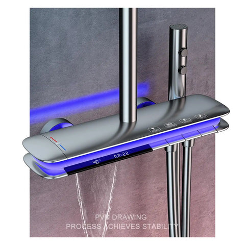 RIBEUJIZS Led Digital Bathroom Shower System Faucet with blue LED display and waterfall feature, wall mounted design.