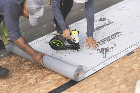 Durable Badass Pneumatic Cap Nailer Built Like Steel For Smashing Roofing Underlayment Sheets in use with synthetic sheet.