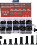 M2.5 Flat Head Machine Screws Set In Black Phillips, 620 Piece Assortment, Carbon Steel Bolts Nuts Kit with various lengths