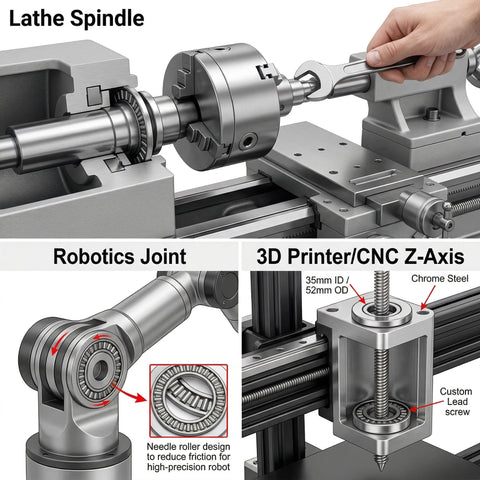 Lathe spindle with Axial Thrust Needle Roller Bearing And Washer Set AXK3552 Plus 2AS for precision robotics and 3D printing.