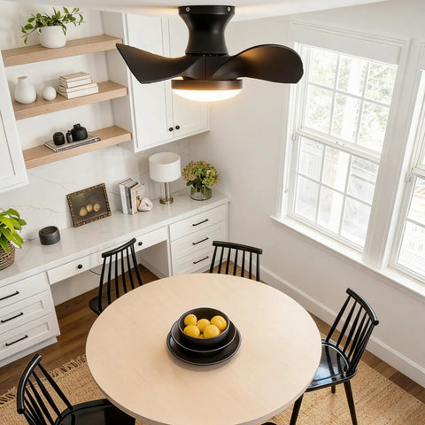 ABS Ceiling Fan with 3 Color Temperature LED Light and Remote Control mounted above a round dining table in a bright room.