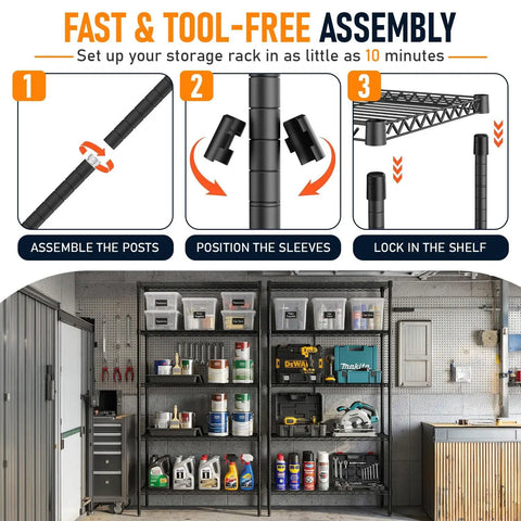 5-Tier Wire Shelf Storage Rack In Black, Heavy-Duty Steel, 36 x 14 x 72 Inch, Handles Up To 250 Lbs Per Level, 1250 Lbs Total Capacity, Perfect Kitchen Or Garage Organizer For Real Go-To Storage Power. Tool-free assembly garage storage rack with black steel shelves