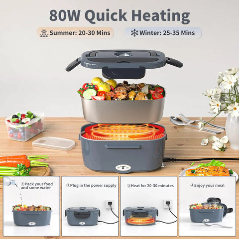 Electric Lunch Box For Adults, Fast 80W Heats Up Meals, 1.5L Portable Food Warmer open lid showing heated meal inside, table setup.