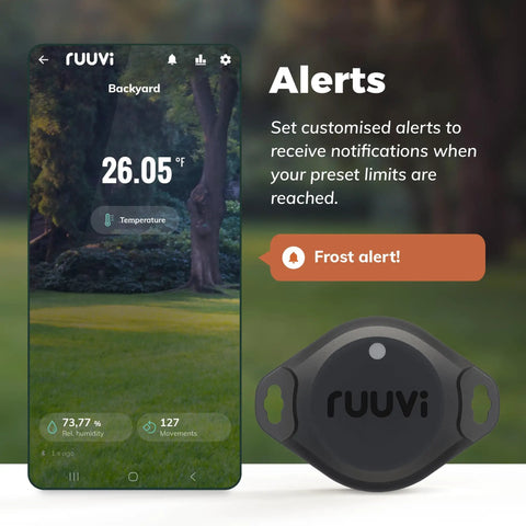 3in1 Bluetooth Temperature Humidity And Motion Sensor with alerts app interface displayed on smartphone screen outdoors.