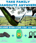 Child relaxing in Kids Hammock for Indoor Outdoor Play and Camping, Soft 210T Parachute Fabric with accessories shown