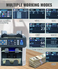 Display of Multi Currency Money Counter With Counterfeit Detection And Sorter, Printer Enabled, showing various modes and features.