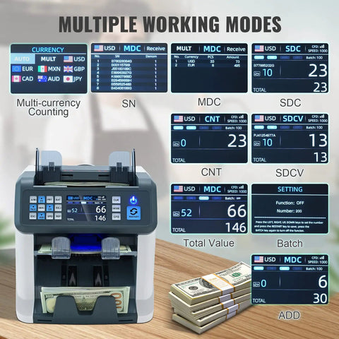 Display of Multi Currency Money Counter With Counterfeit Detection And Sorter, Printer Enabled, showing various modes and features.