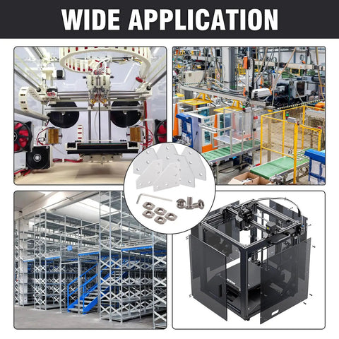 Various applications of the 2020 Series Aluminum Corner Bracket Kit with L and T shape joint plates for 20x20mm extrusion.