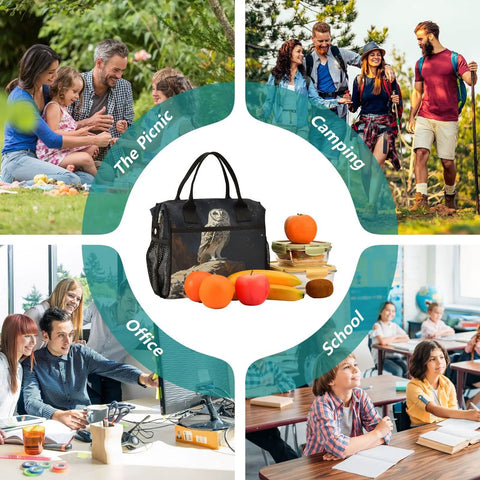 Insulated Lunch Tote With Owl Desert Landscape Print For Women And Men, Reusable Go To Lunch Bag With Top Notch Insulation in use