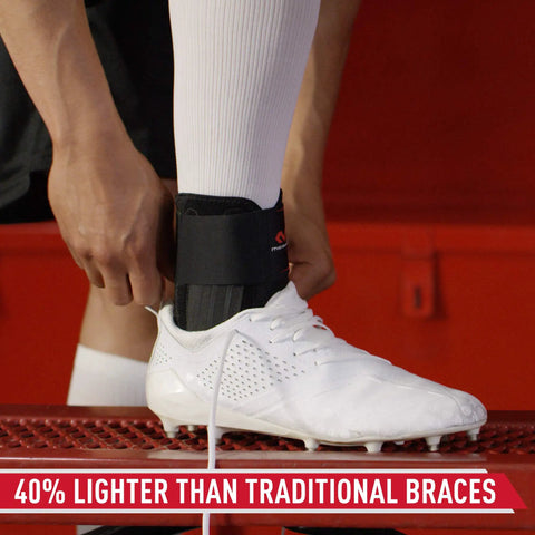 Stealth Lace-Free Ankle Brace For Left Or Right Ankles shown inside a soccer cleat, enhancing fit and medial lateral stability.