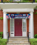 250th Anniversary American Banner Flag 1776 2026 Patriotic Decor displayed on porch with red door and white columns
