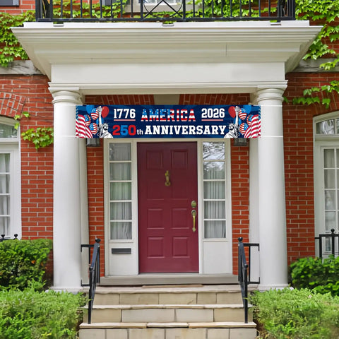 250th Anniversary American Banner Flag 1776 2026 Patriotic Decor displayed on porch with red door and white columns