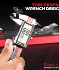 Five Piece Slim SAE Wrench Set With Dual Open End Flat Wrenches Thin Compact Wrenches For Mechanics Durable Steel Tool Kit For Tight Spots Under Four Millimeter Thin Design For Reaching In Confined Areas, thin-profile wrench measured with digital caliper