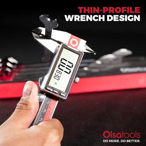 Five Piece Slim SAE Wrench Set With Dual Open End Flat Wrenches Thin Compact Wrenches For Mechanics Durable Steel Tool Kit For Tight Spots Under Four Millimeter Thin Design For Reaching In Confined Areas, thin-profile wrench measured with digital caliper