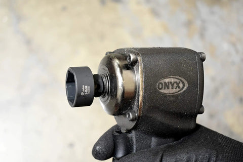 Low Profile Nano Impact Socket Set, Three Eighths Inch Drive, Nineteen Piece, tool attached to power tool, showing socket in use.
