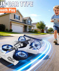 Boy playing with Totally 2 In 1 Remote Control RC Plane And Car that lets you ride and fly foam indoor outdoor racer on driveway.