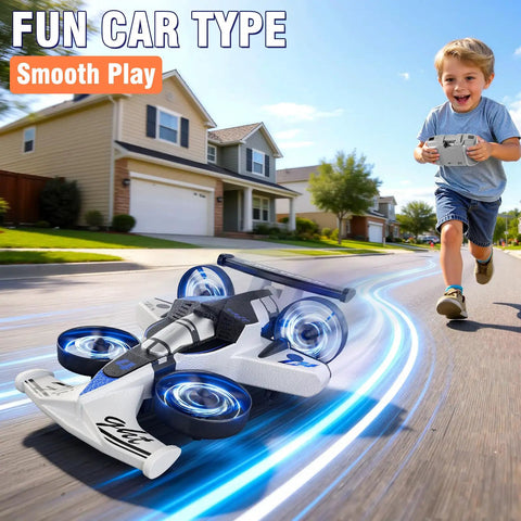 Boy playing with Totally 2 In 1 Remote Control RC Plane And Car that lets you ride and fly foam indoor outdoor racer on driveway.