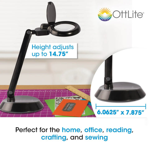 All In One LED Desk Lamp With Built In Magnifier Go To Tool 3 Inch Optical Grade Lens on crafting table with measurements