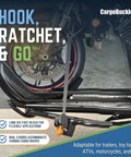 Mini G3 Self Retracting Ratchet Straps Set securing motorcycle wheel, 1400 lb, 1 inch wide, 6 foot reach, 2 pack