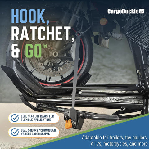 Mini G3 Self Retracting Ratchet Straps Set securing motorcycle wheel, 1400 lb, 1 inch wide, 6 foot reach, 2 pack