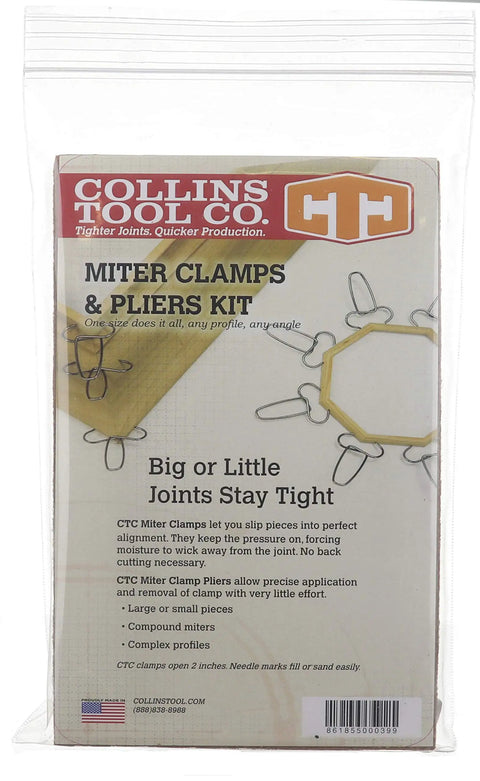 Spring Loaded Pliers And 13 Miter Clamps Set With Lifetime Guarantee Made In USA packaging with product details