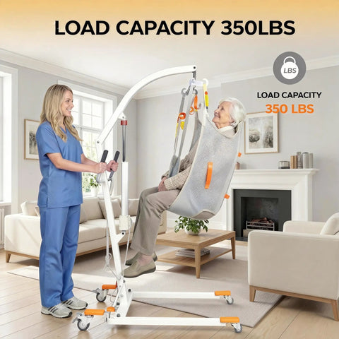 Premium Electric Patient Lift With Ergonomic Breathable Slings in use, supporting senior with load capacity of 350LBS.