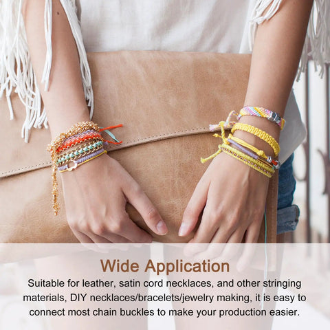 4 Pcs Black Stainless Steel Leather Cord End Clasps With 6 Millimeter Hole For Diy Jewelry Making And Bracelet Repair High Quality Swappable Closures No Fuss Setup on wrist with various colorful bracelets.