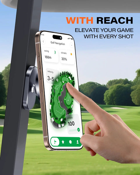 Person using a phone on a MagSafe Dual Magnetic Golf Cart Phone Holder With Aluminum Alloy Construction Fits EZGO Club Car Yamaha Golf Carts
