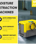 Yellow Heavy Duty 190 Pints Industrial Grade Dehumidifier for Basements and 6000 Sq Ft Spaces with pump and drain hose shown.