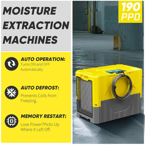 Yellow Heavy Duty 190 Pints Industrial Grade Dehumidifier for Basements and 6000 Sq Ft Spaces with pump and drain hose shown.
