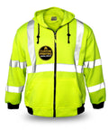 Men's Reflective Safety Jacket Fleece Hoodie Yellow High Visibility Class 3 ANSI OSHA Compliant Front View