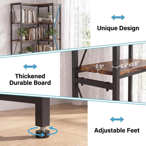 L Shaped Industrial Corner Bookshelf With Six Tier Storage For Living Room And Office, Sturdy Metal Frame And Particle Board